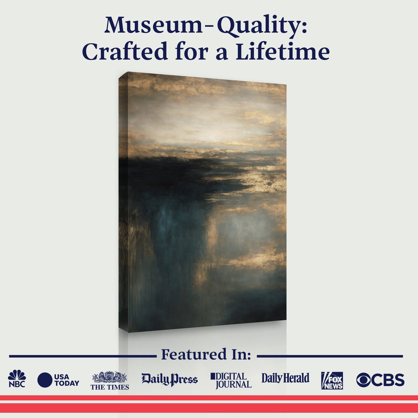Vertical abstract landscape canvas with teal, navy, and warm golden highlights