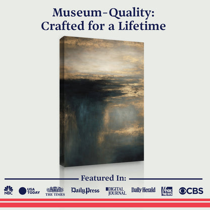 Vertical abstract landscape canvas with teal, navy, and warm golden highlights