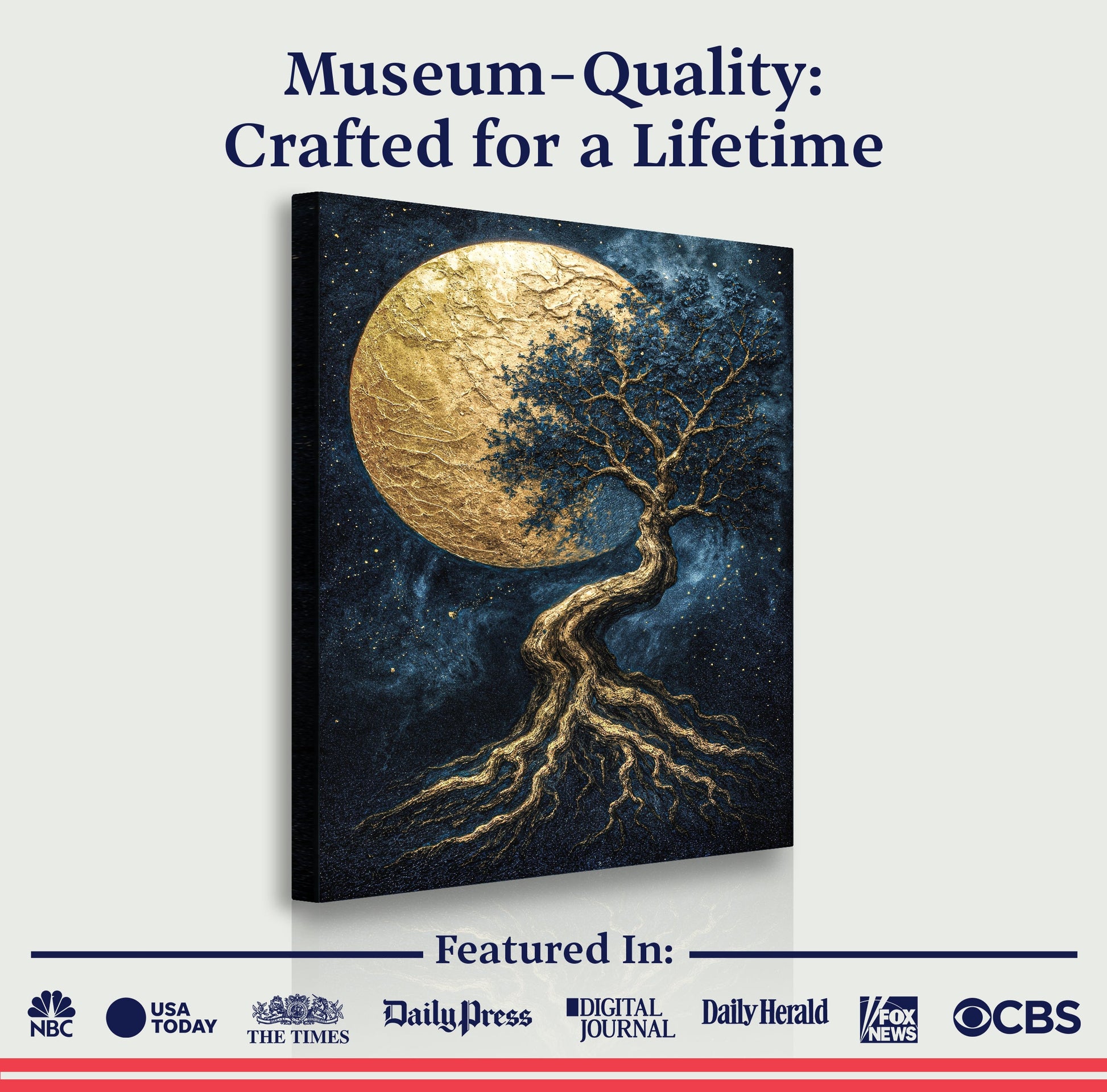 Wall art canvas with gold moon and tree; text reads 'Museum-Quality: Crafted for a Lifetime'