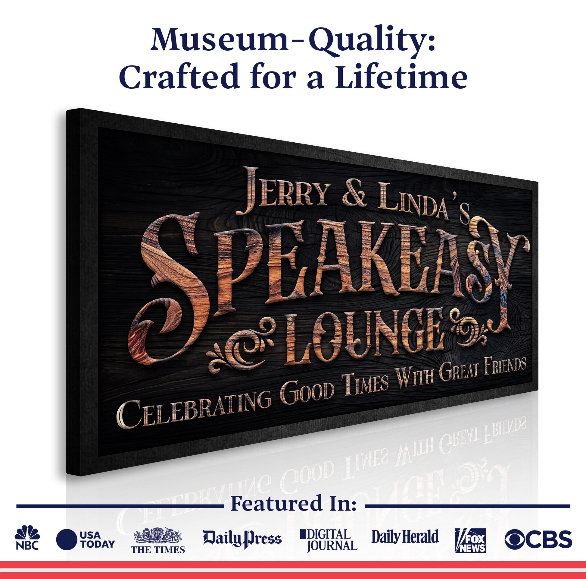 Framed speakeasy lounge wall sign close-up with “Jerry & Linda's Speakeasy Lounge”