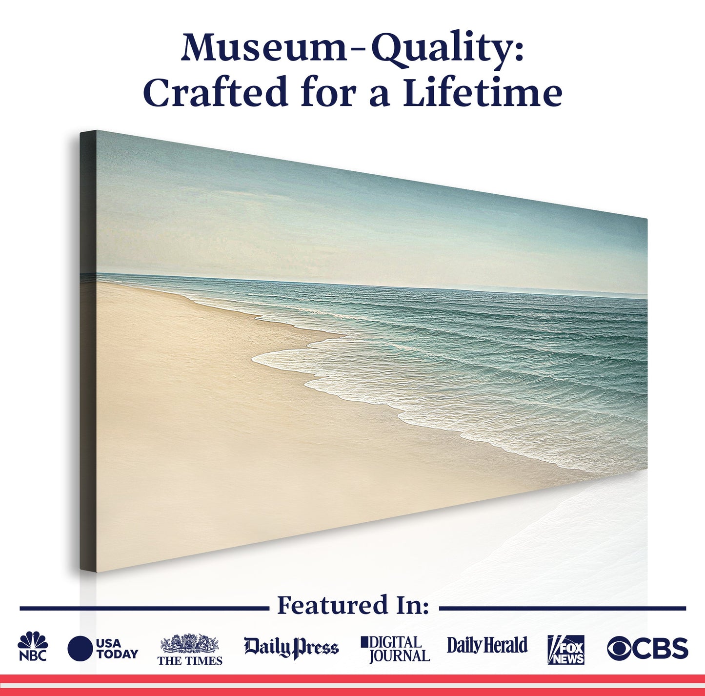 Coastal beach wall art canvas with dark frame edge and shoreline waves