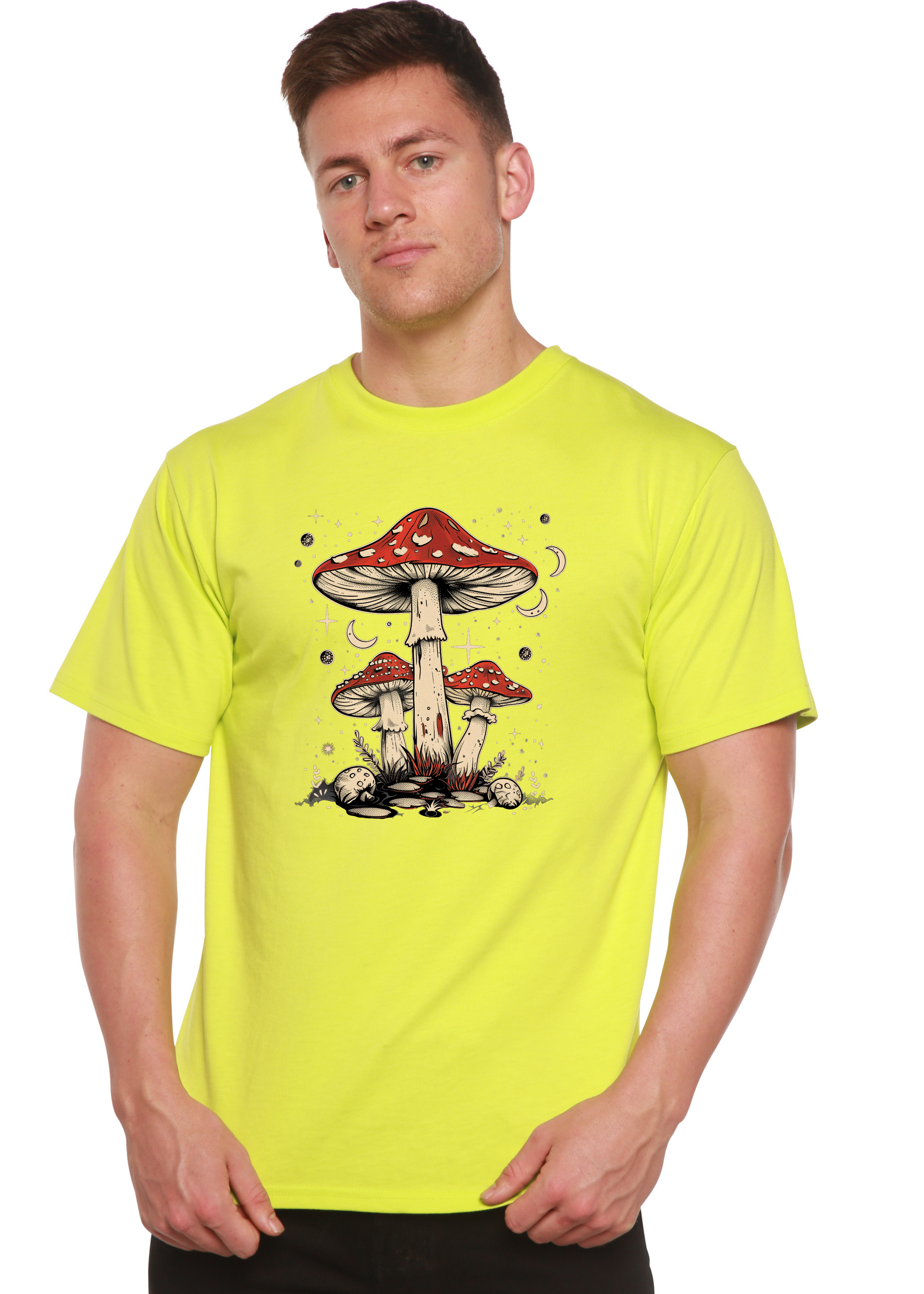 Unisex graphic t-shirt in bright lime yellow with red mushroom artwork centered