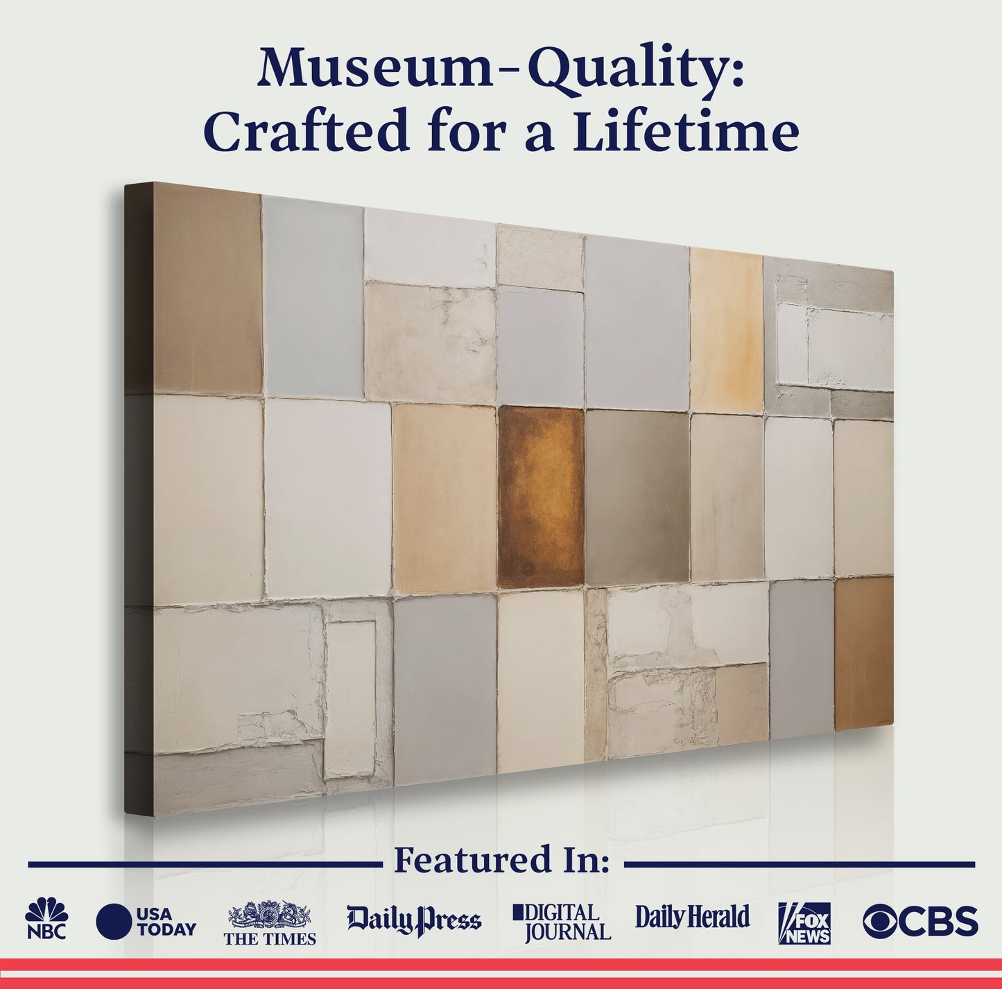 Geometric patchwork canvas with cream, gray, and warm gold square blocks