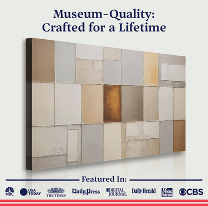 Geometric patchwork canvas with cream, gray, and warm gold square blocks