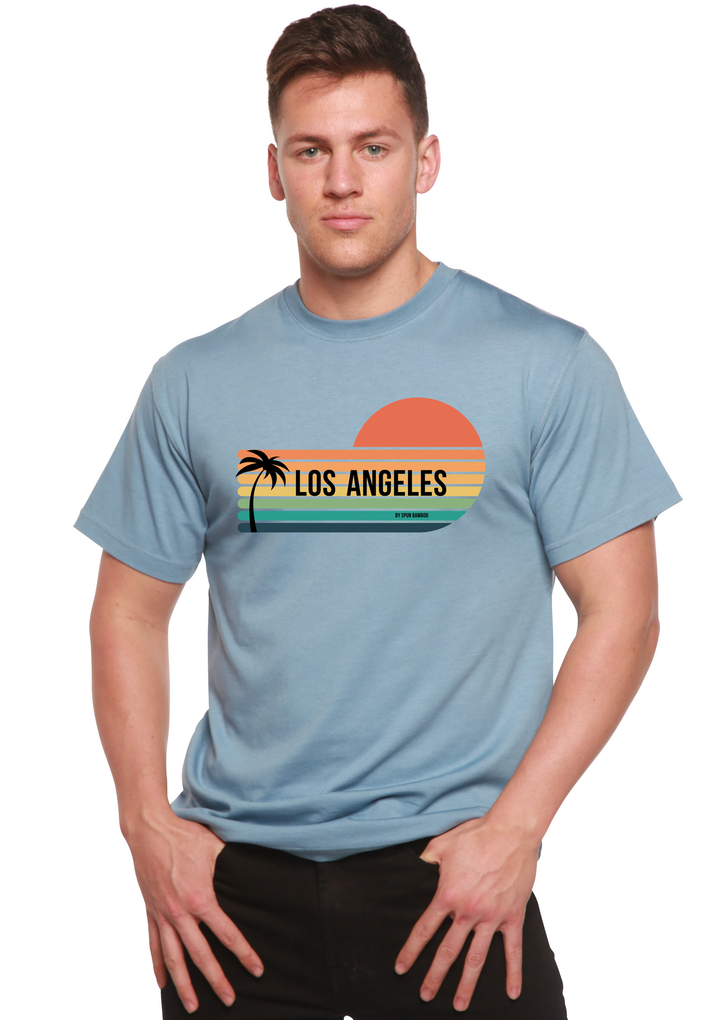 Unisex short sleeve graphic T-shirt in light blue with Los Angeles sunset logo