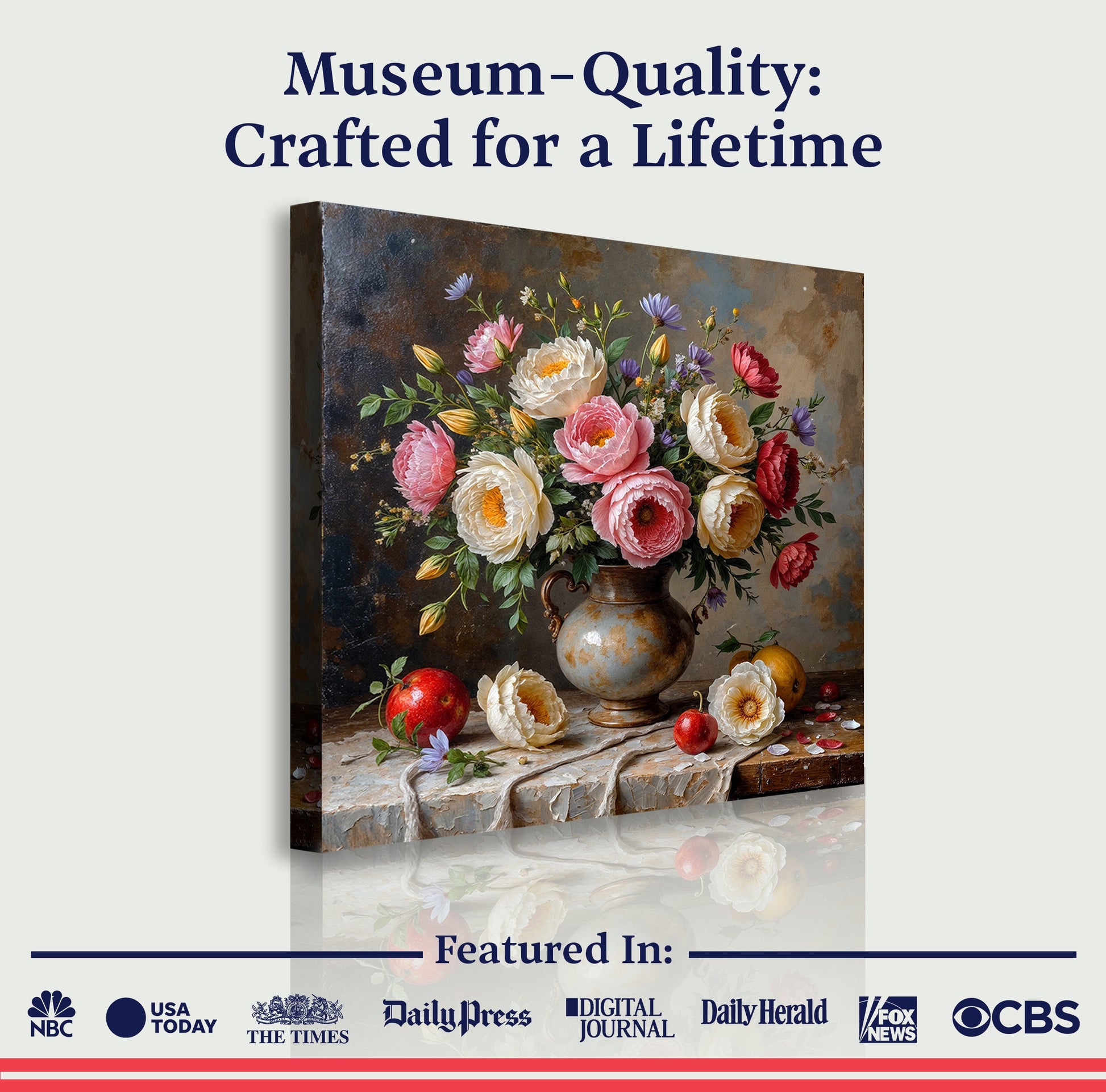 Wall art promotional graphic featuring a floral vase bouquet on canvas