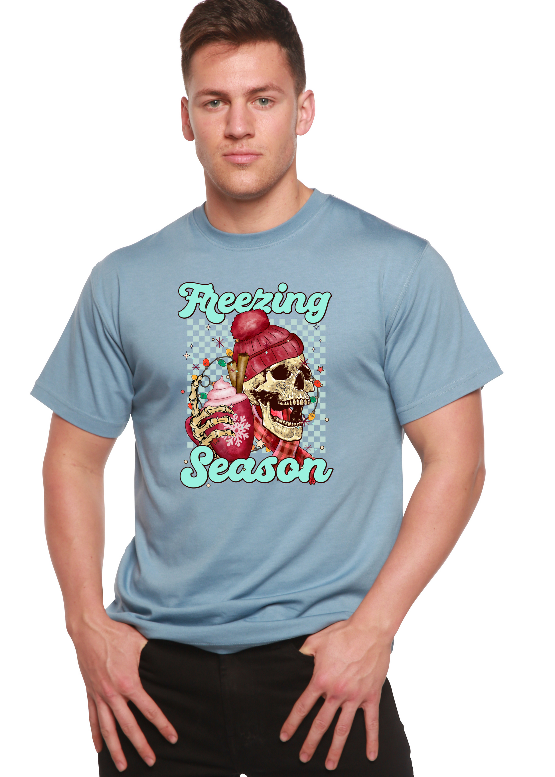 Light blue short sleeve T-shirt with “Freezing Season” skull graphic on chest.