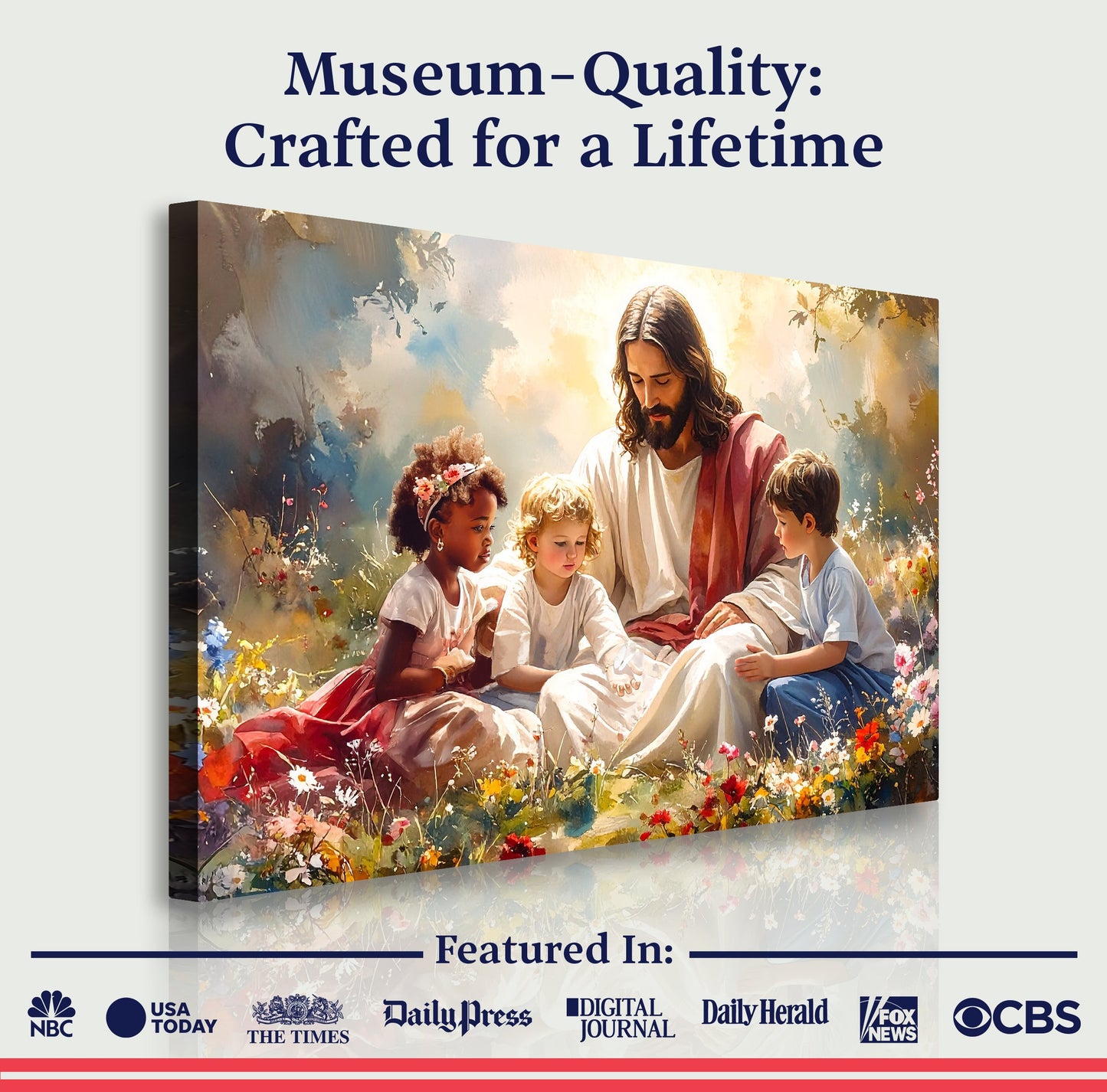 Framed wall art featuring Jesus and children amid colorful blooms and clouds