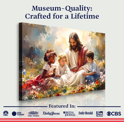 Framed wall art featuring Jesus and children amid colorful blooms and clouds