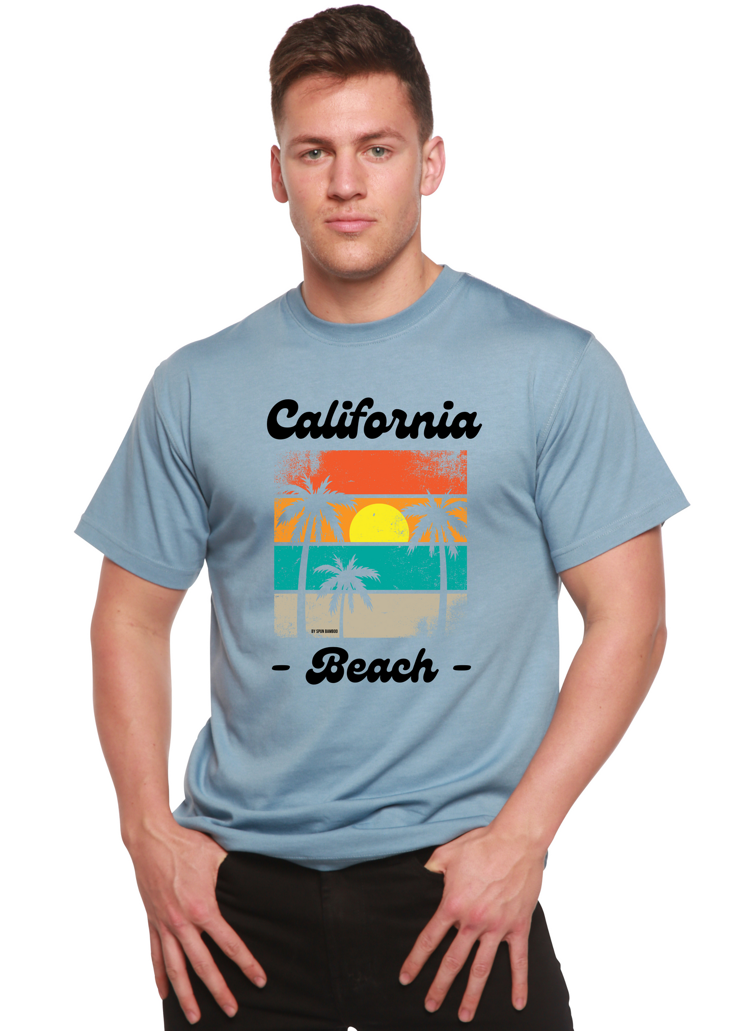 Unisex short-sleeve graphic T-shirt, light blue with California Beach front print