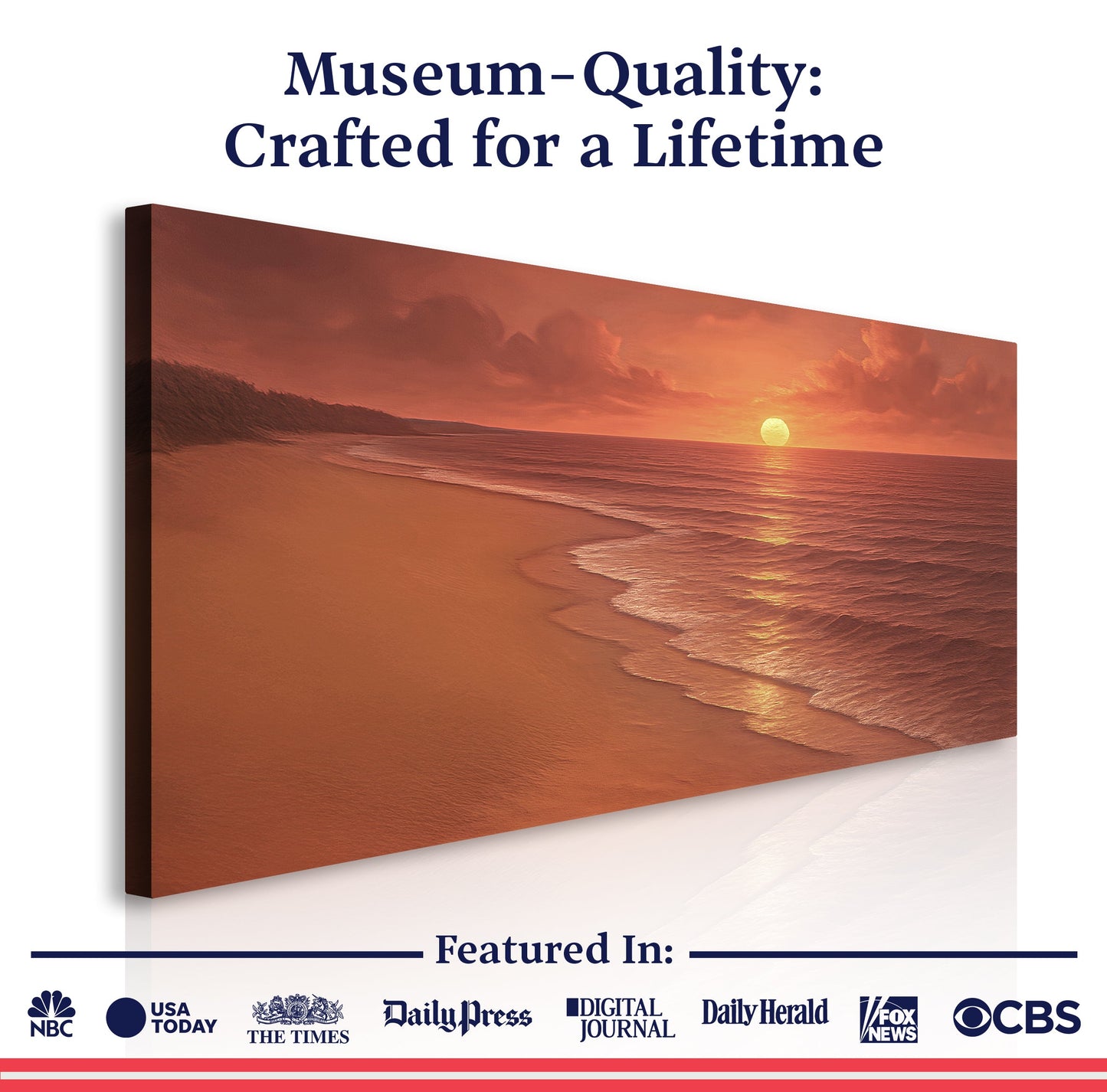Sunset beach wall art canvas with ocean waves, glowing sun, and warm orange sand.