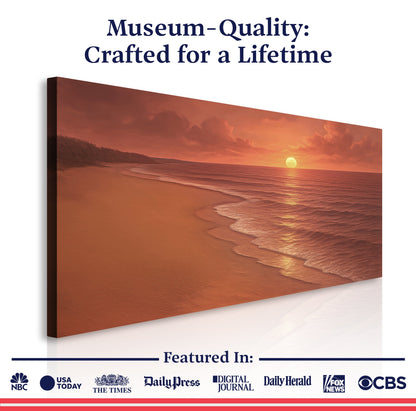 Sunset beach wall art canvas with ocean waves, glowing sun, and warm orange sand.
