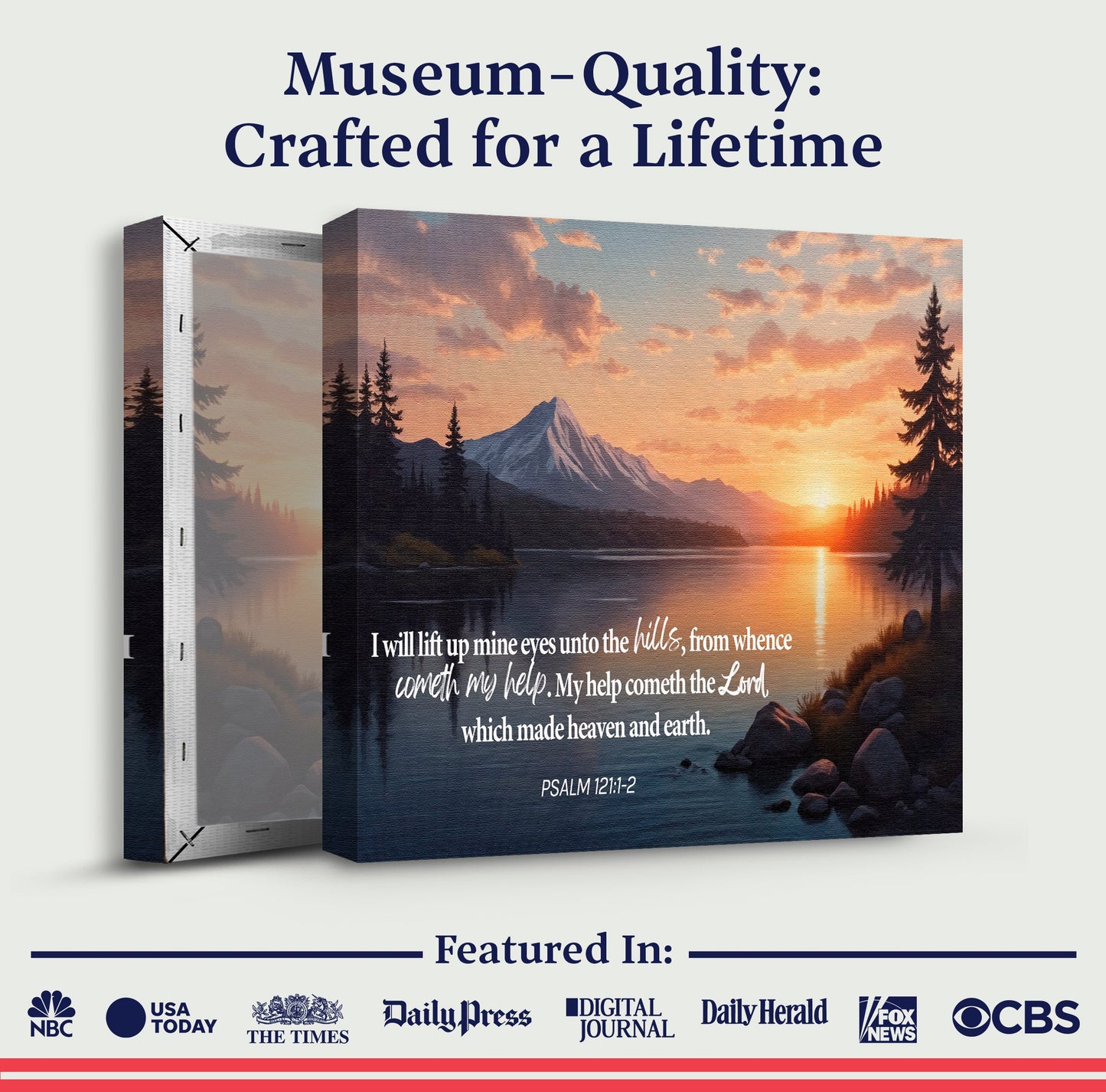 Faith wall canvas in box packaging with mountain lake sunrise art
