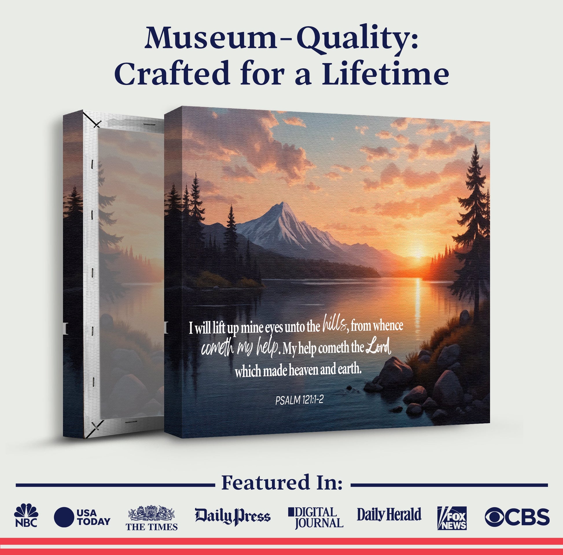 Faith wall canvas in box packaging with mountain lake sunrise art