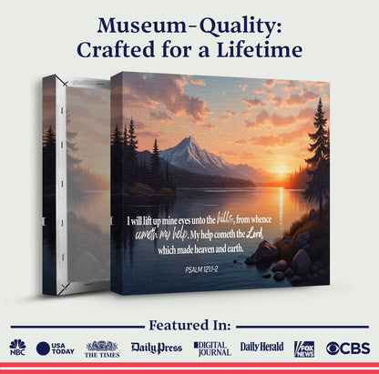 Faith wall canvas in box packaging with mountain lake sunrise art