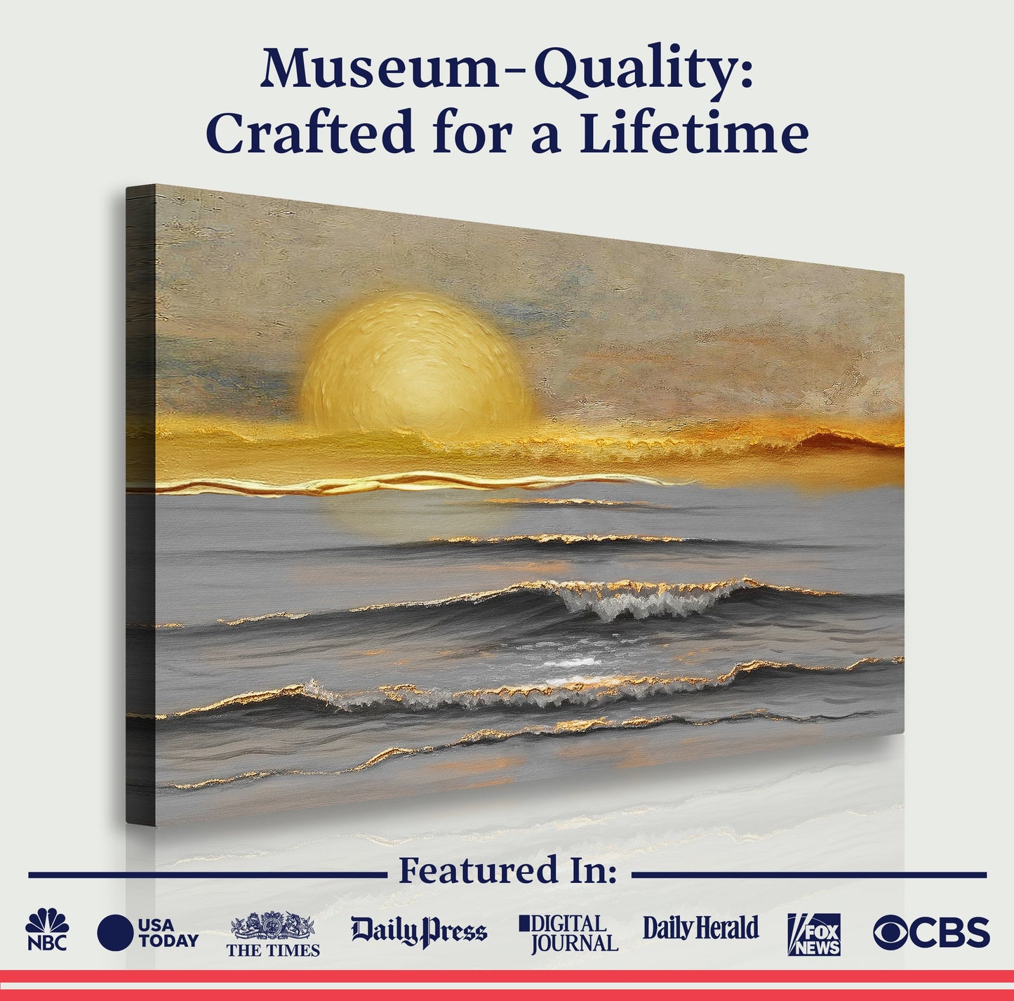 Ocean wall art canvas with glowing yellow sun over gray waves in gold and beige