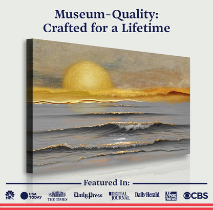 Ocean wall art canvas with glowing yellow sun over gray waves in gold and beige