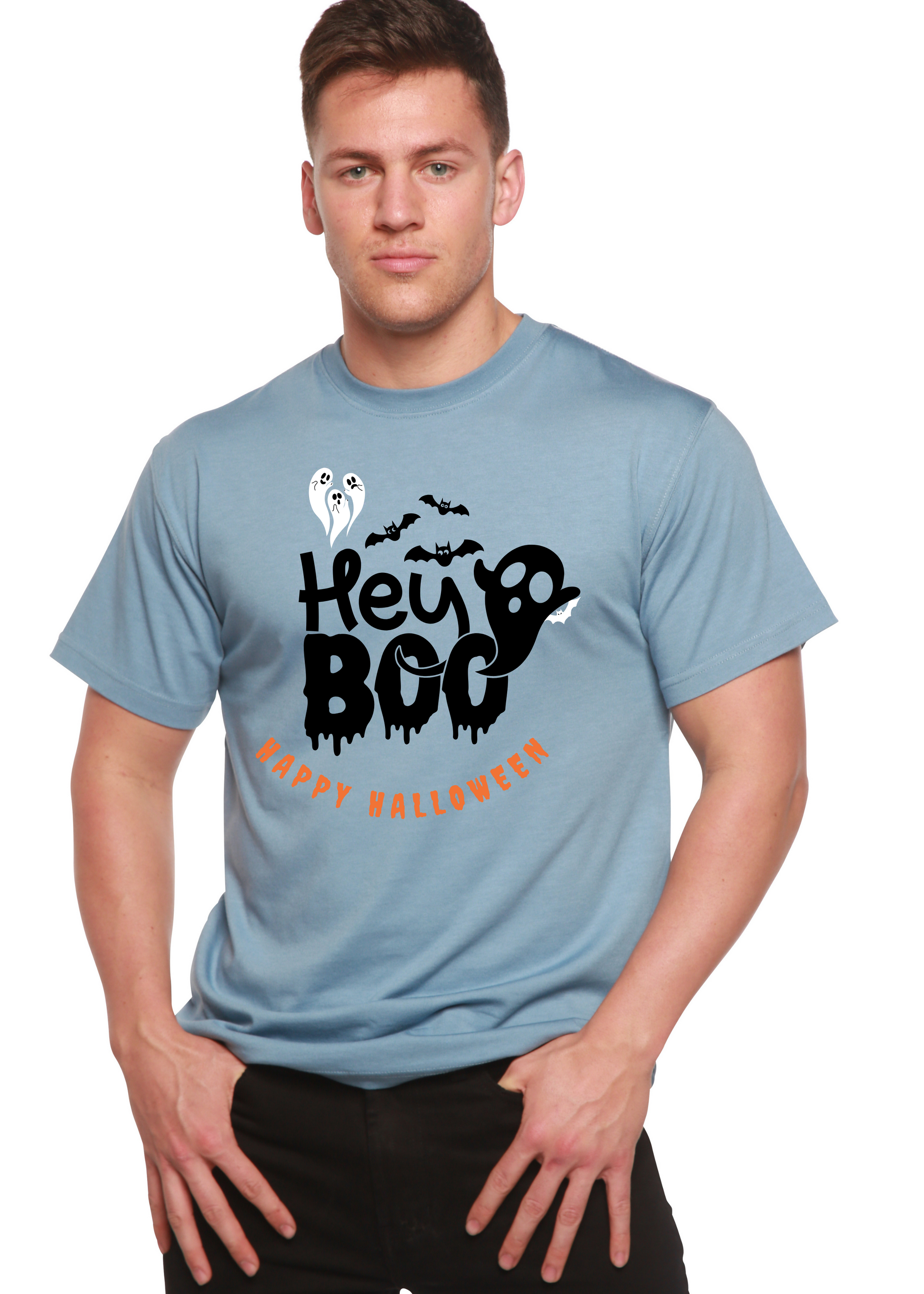 Men's light blue graphic T-shirt with 'Hey Boo' Halloween text and ghost/bat print