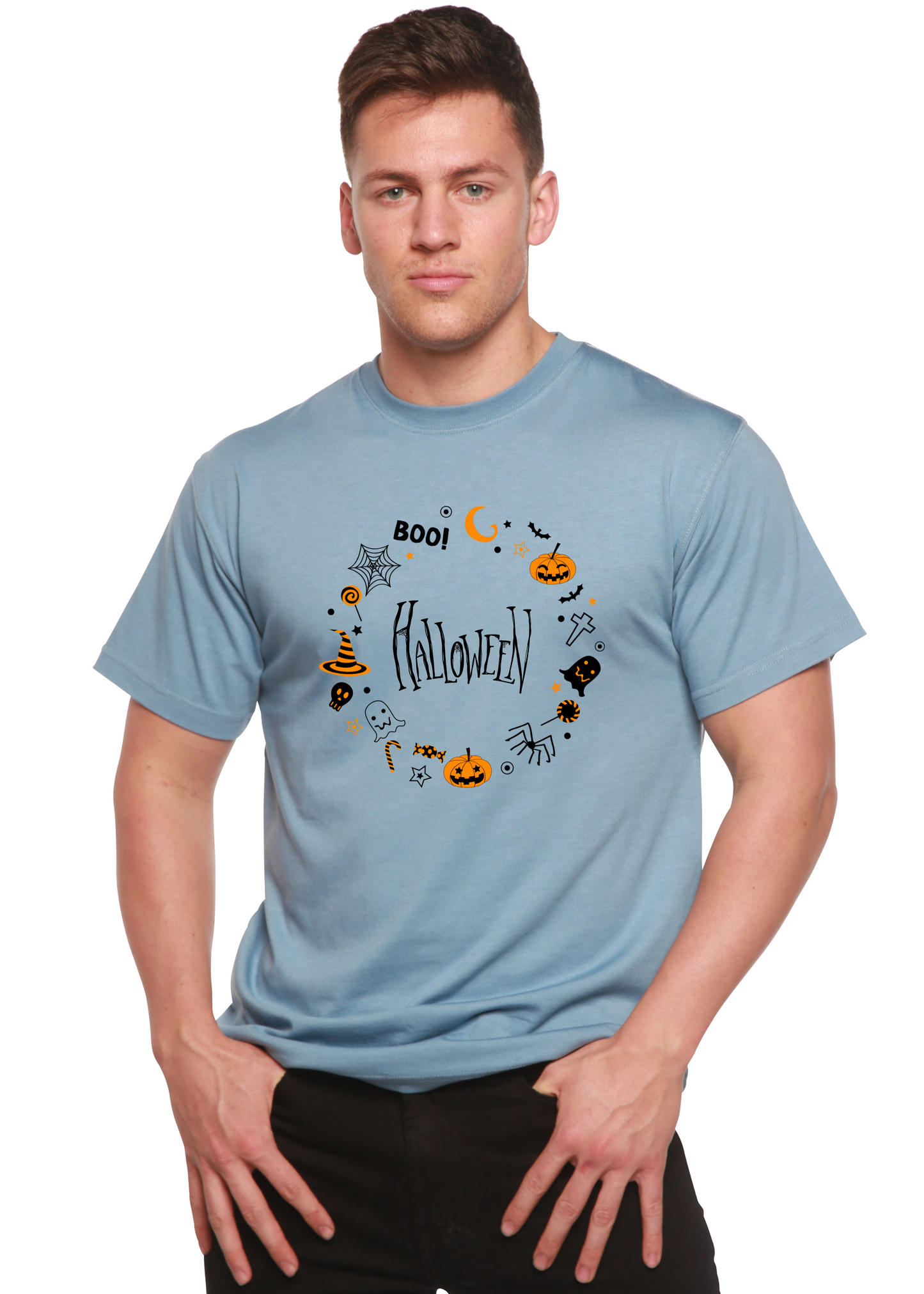 Men's light blue Halloween graphic t-shirt with circular pumpkin skeleton print
