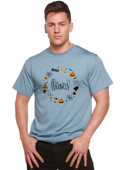 Men's light blue Halloween graphic t-shirt with circular pumpkin skeleton print