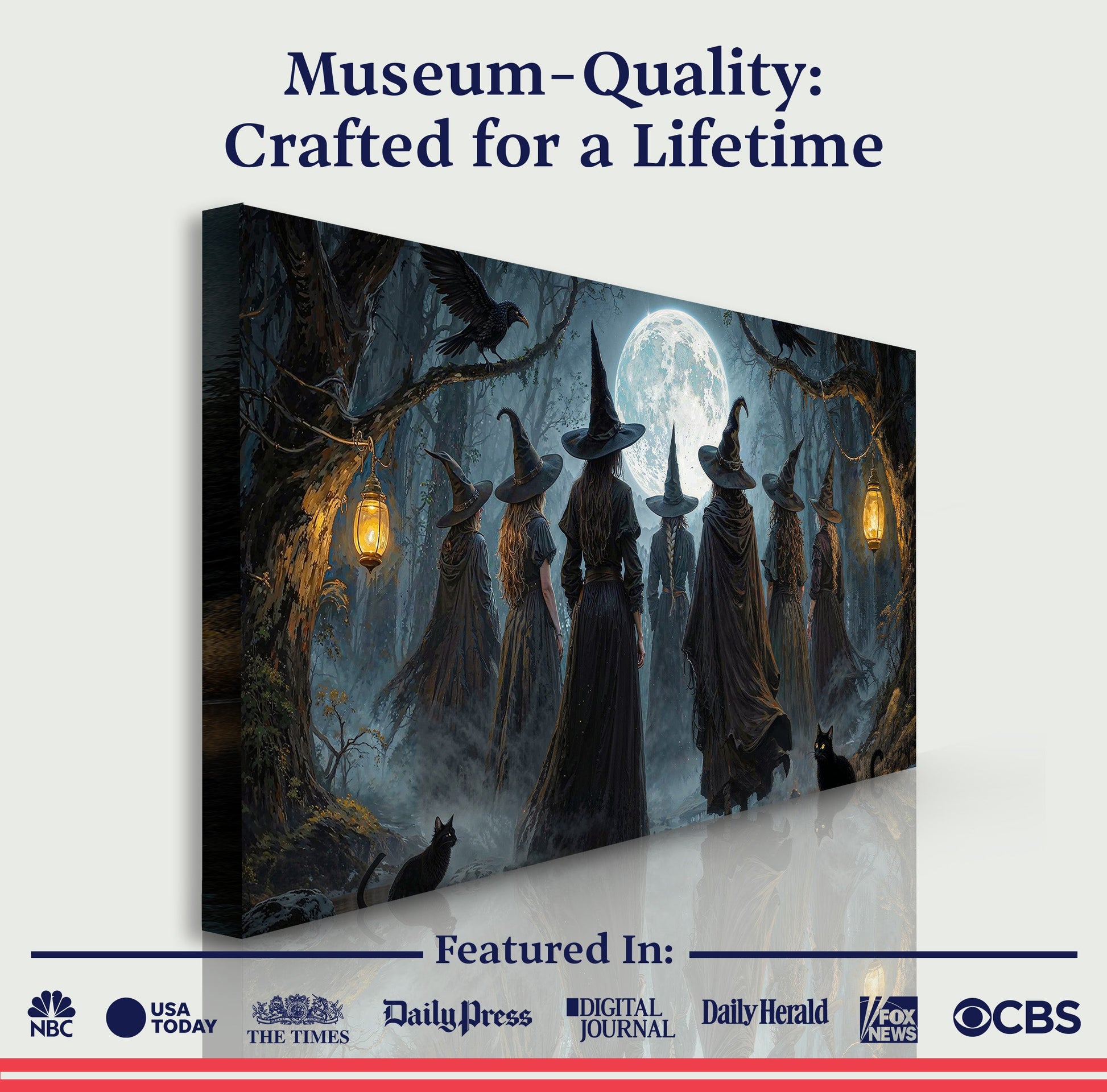 Halloween witch wall art canvas on white background with full moon and cloaked figures.