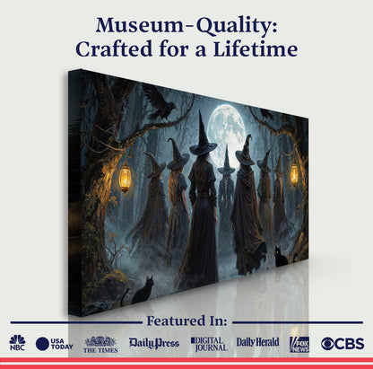 Halloween witch wall art canvas on white background with full moon and cloaked figures.