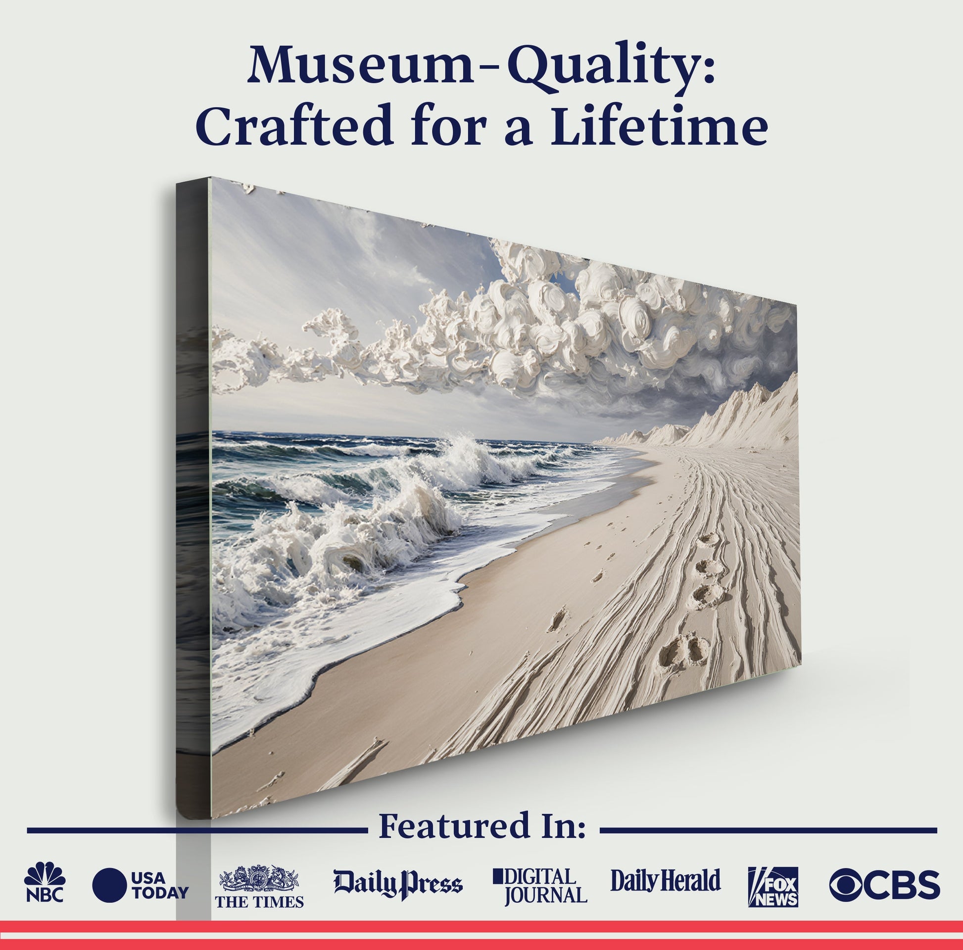 Sand beach canvas wall art showing ocean waves, dunes, and footprints