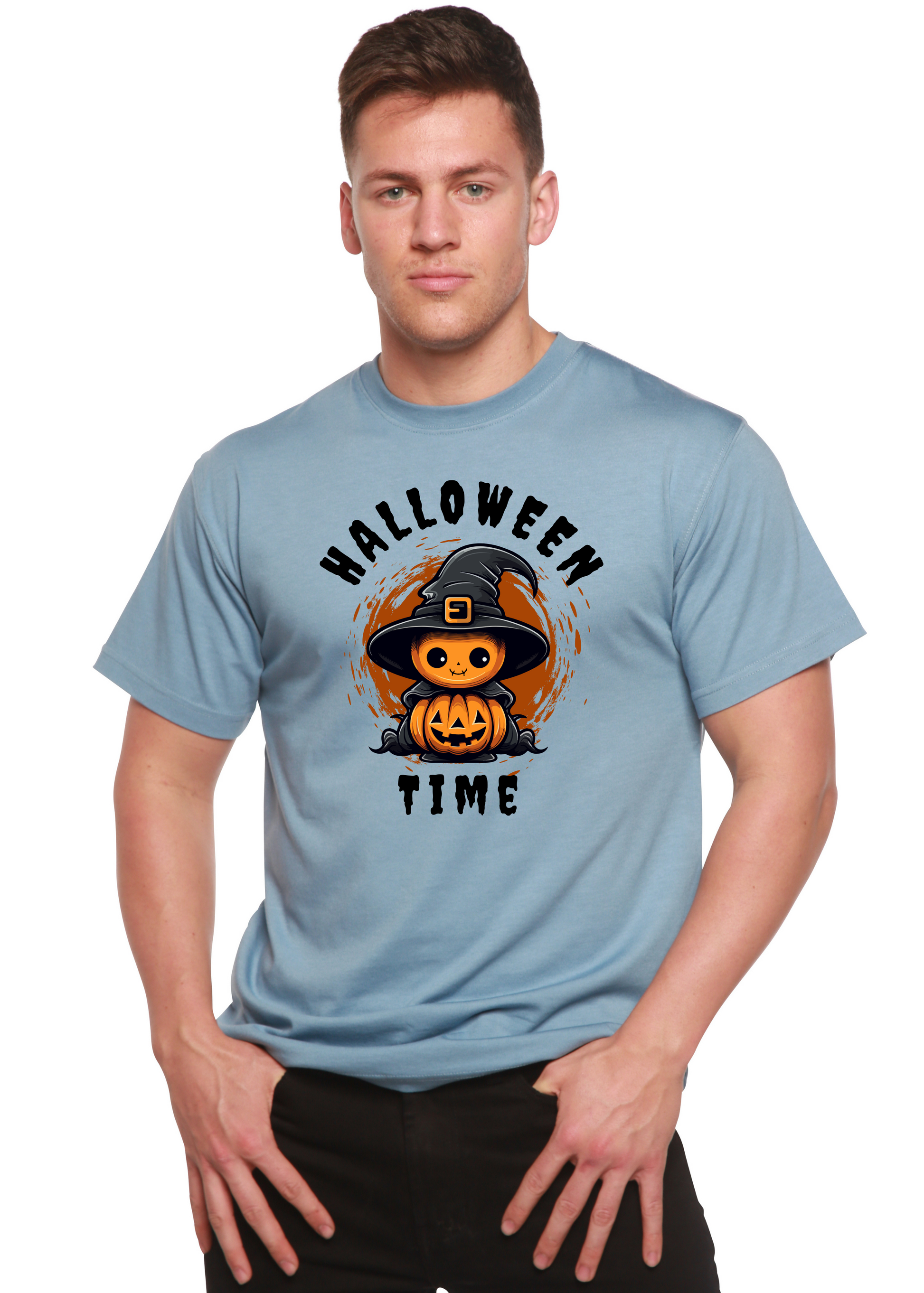 Light blue unisex short-sleeve T-shirt with Halloween Time witch-and-pumpkin graphic on chest