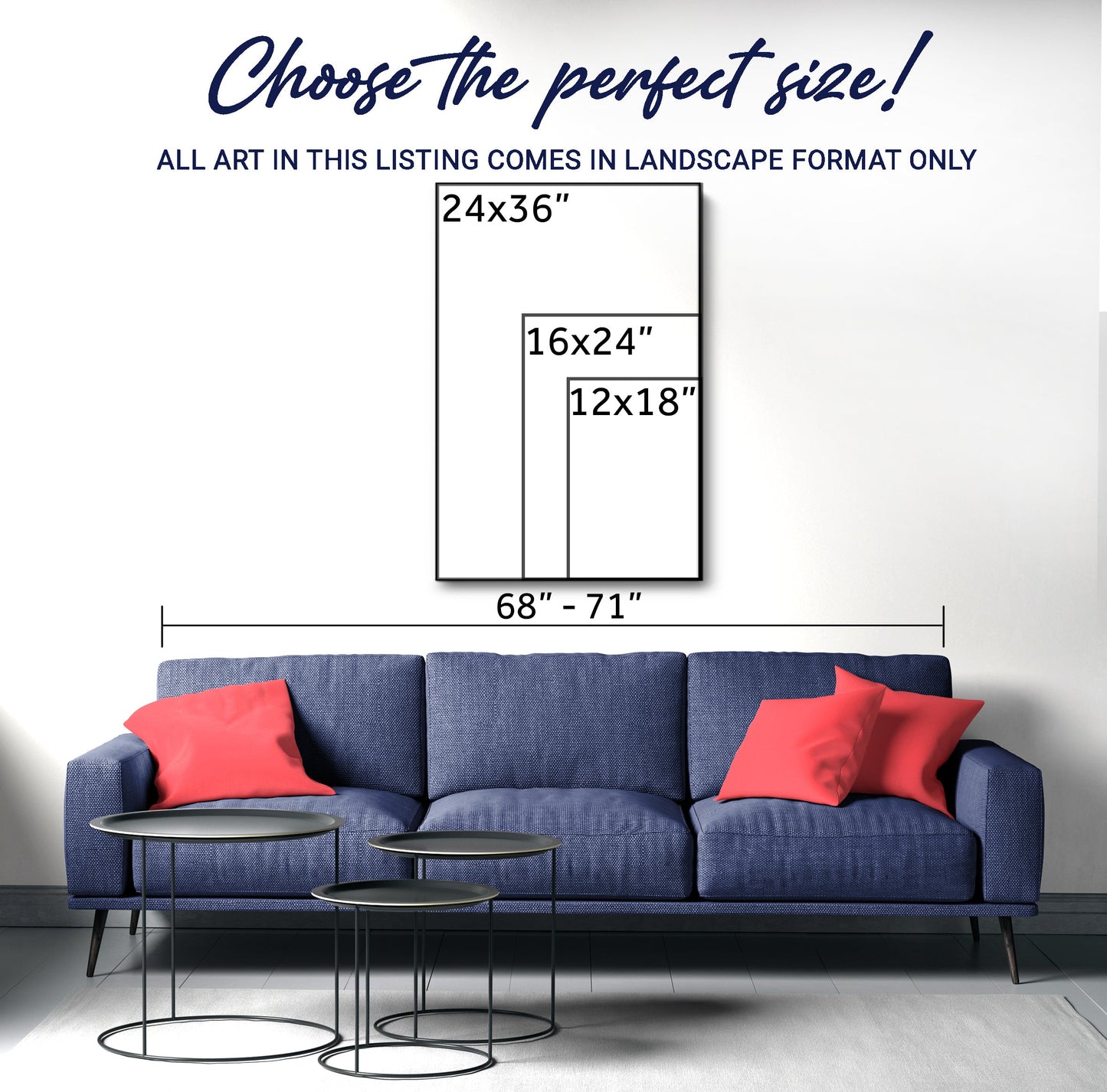 Psalm 139 knit-themed wall art size options graphic above blue sofa