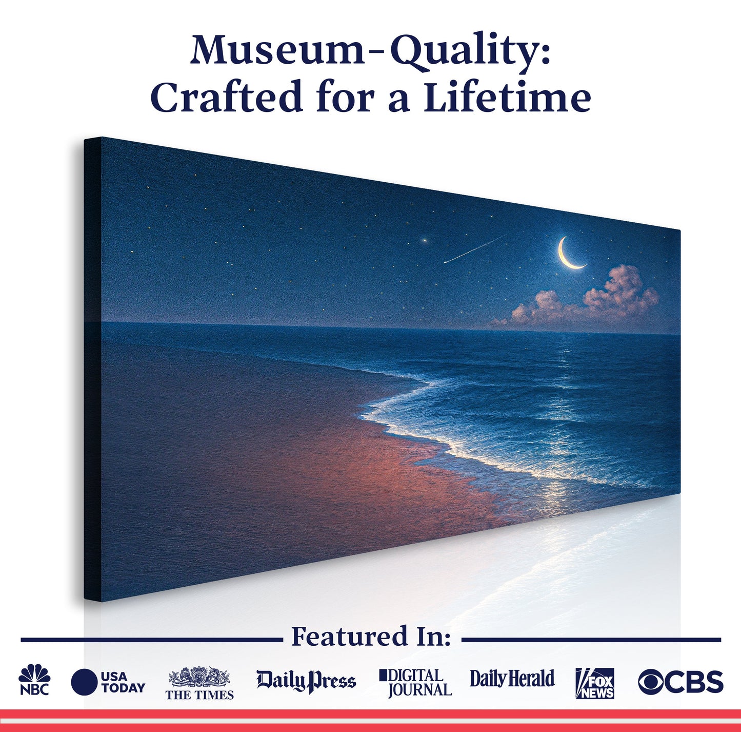 Landscape wall art canvas on dark frame featuring a moonlit beach and ocean