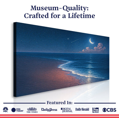 Landscape wall art canvas on dark frame featuring a moonlit beach and ocean