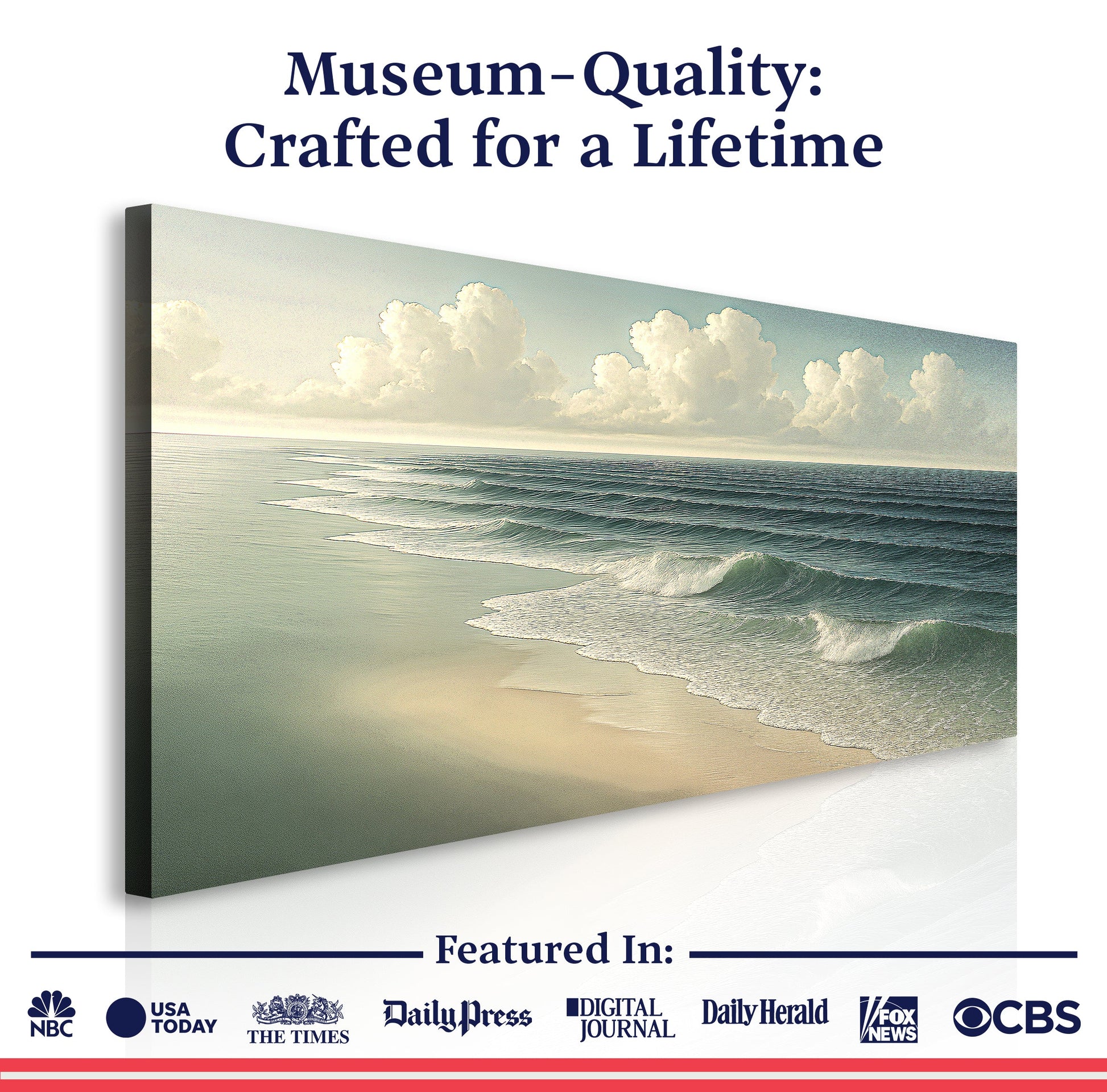 Beach shoreline canvas wall art with ocean waves and clouds; quality text above