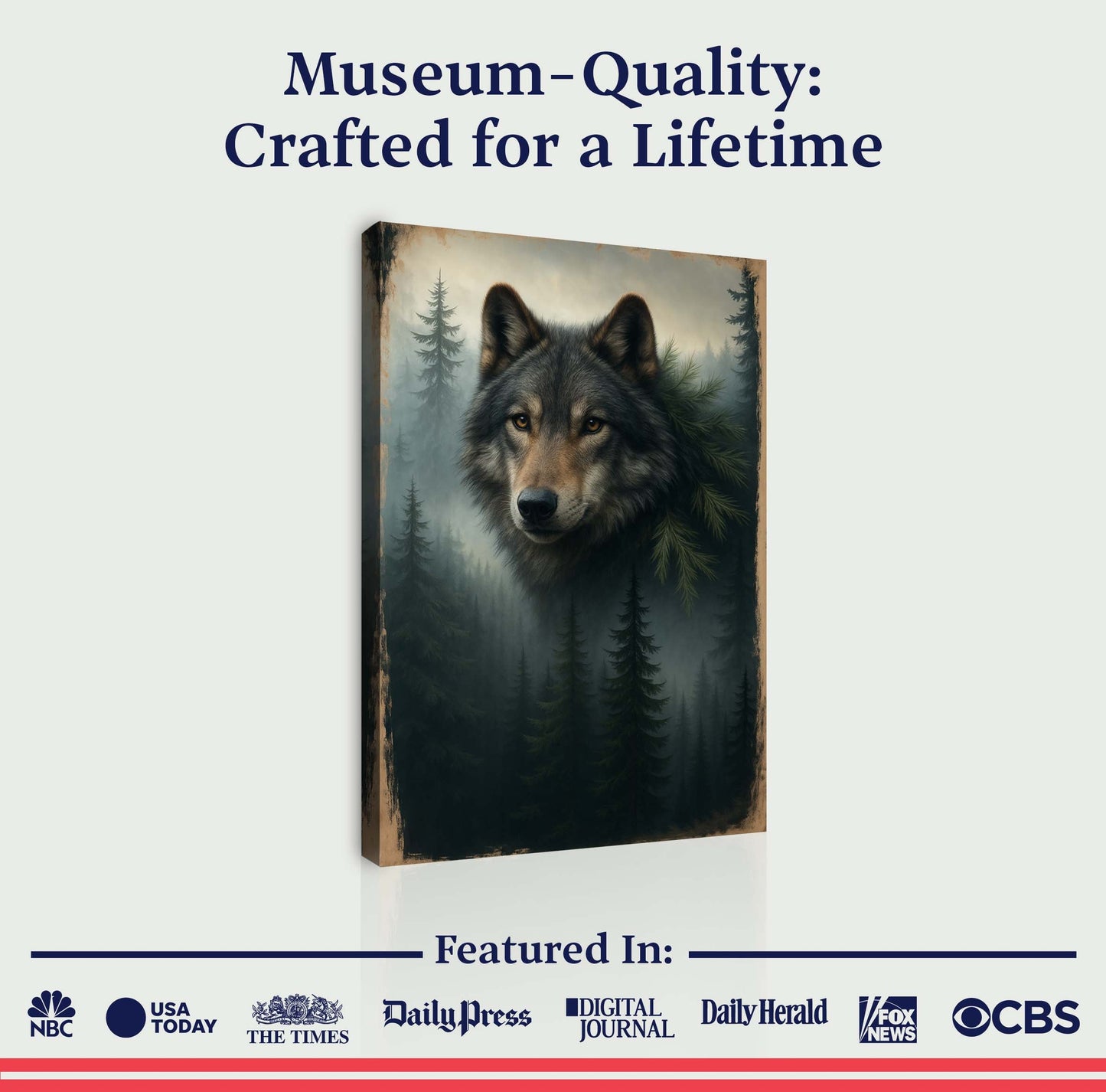 Framed wolf and pine forest double exposure wall art canvas