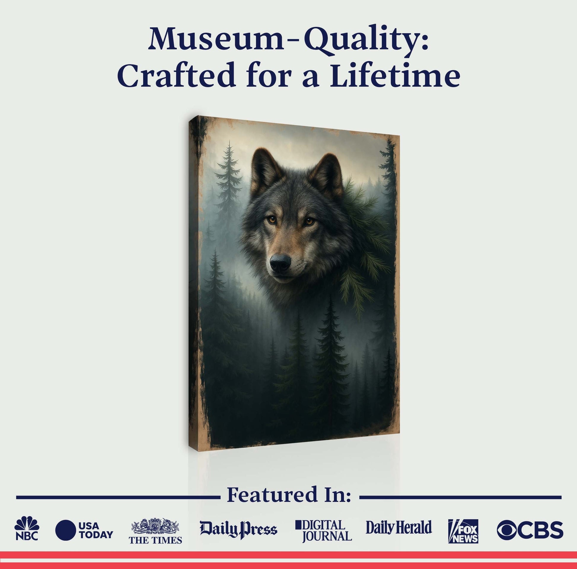 Framed wolf and pine forest double exposure wall art canvas