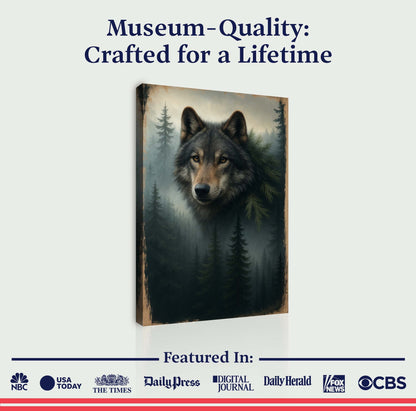 Framed wolf and pine forest double exposure wall art canvas