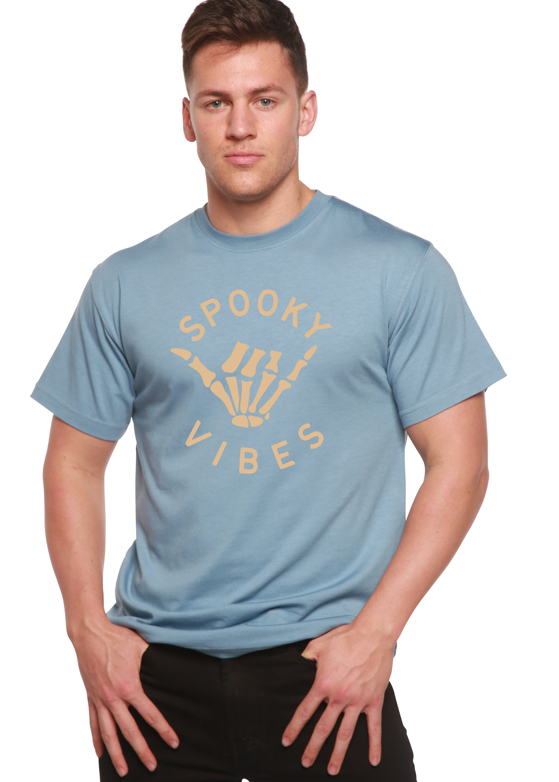 Men's graphic T-shirt in light blue with “SPOOKY VIBES” skeleton-hand design