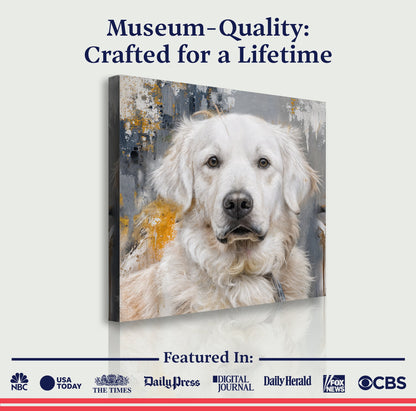 White dog portrait canvas with blue and gold abstract splatter design