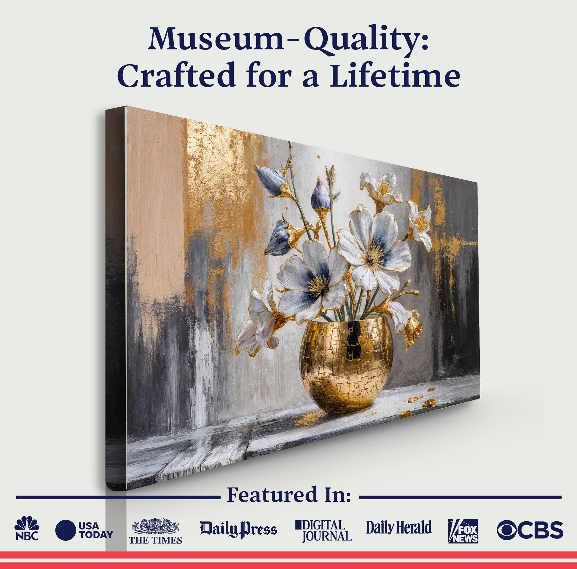 Framed abstract canvas wall art with blue-white flowers in a gold vase