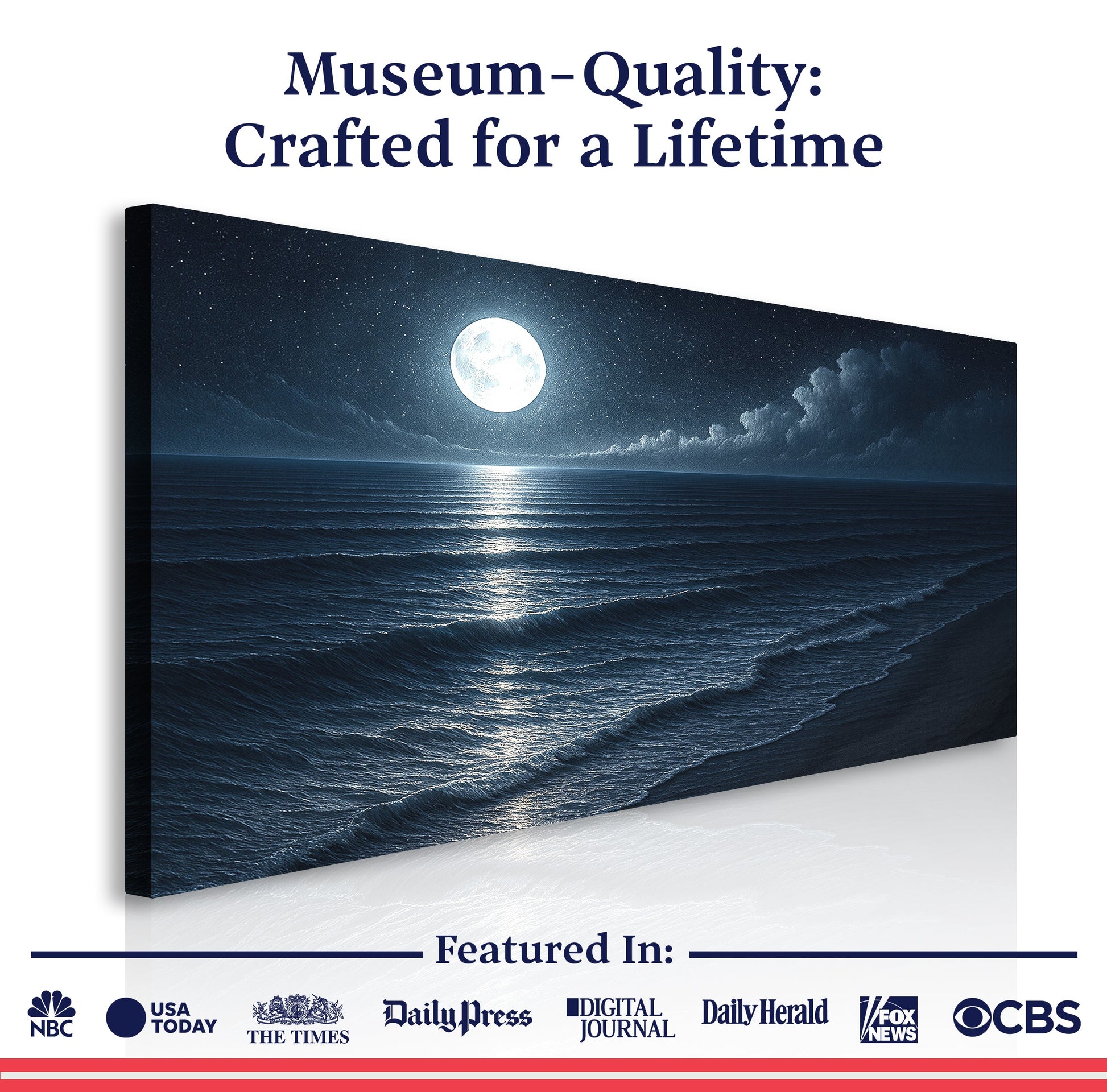 Coastal seascape canvas wall art with moon over ocean and dark clouds