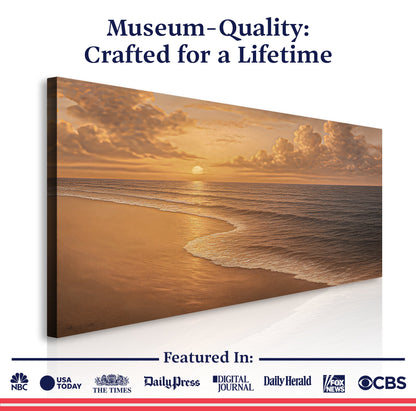 Coastal beach wall art canvas with sunrise over ocean and sandy shore