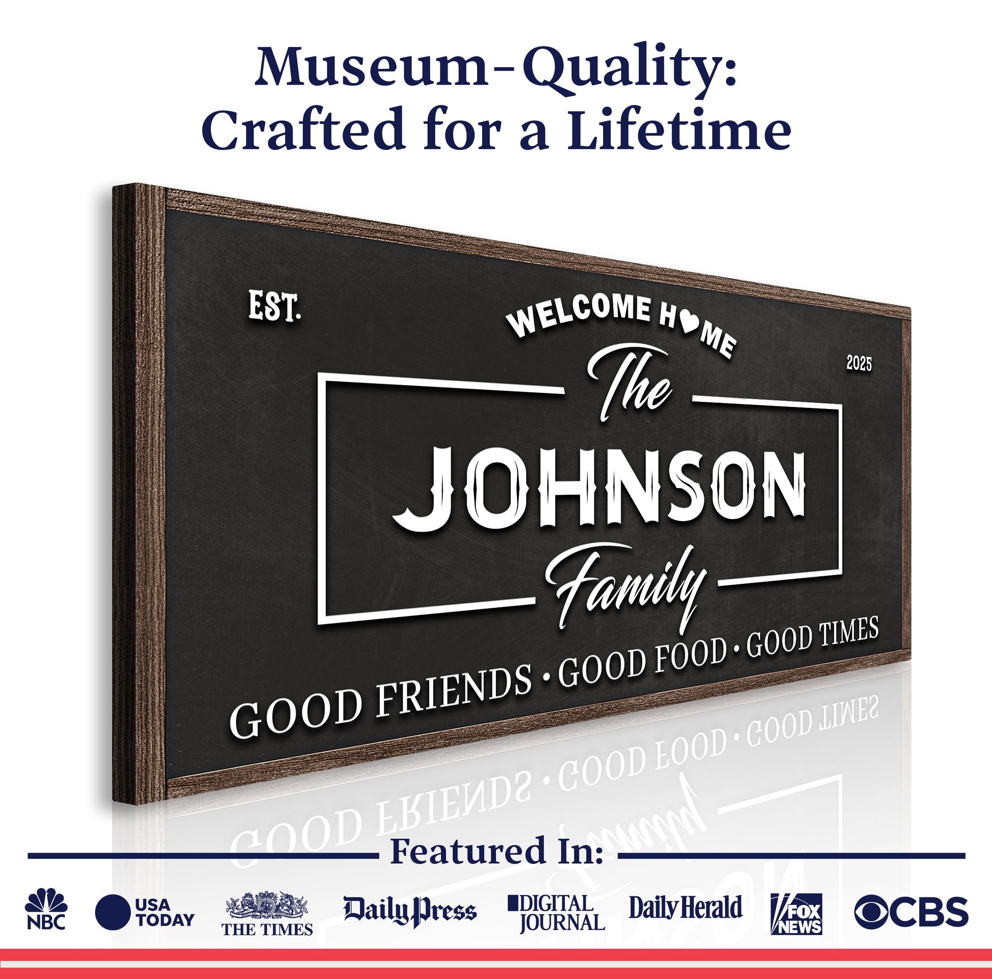 Framed wall sign on a white background showing “The Johnson Family” in bold white script