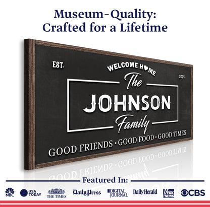 Framed wall sign on a white background showing “The Johnson Family” in bold white script