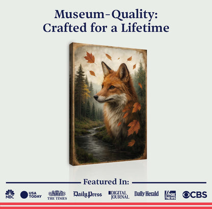 Autumn fox and forest double exposure canvas wall art in a vertical frame