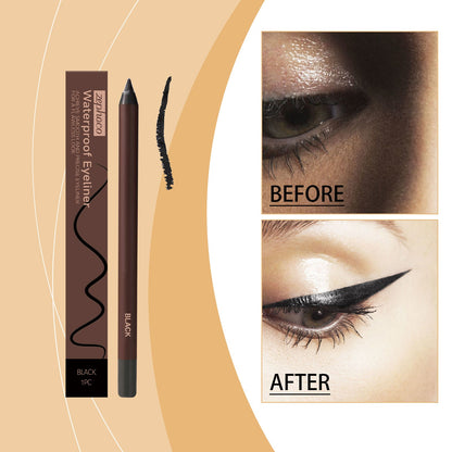 Black waterproof eyeliner pencil and before-after close-up showing a bold winged line
