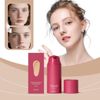 Thermo-responsive foundation natural shade, pink bottle and jar beside before/after inset
