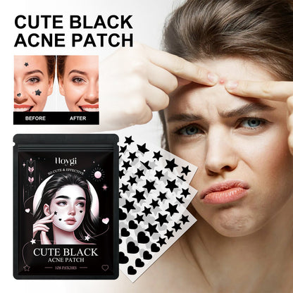 Black acne patch sheets held near a woman’s face with small round patches