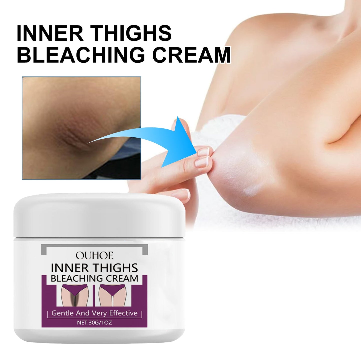 Ouhde inner-thigh brightening cream jar with cream dabbed on skin