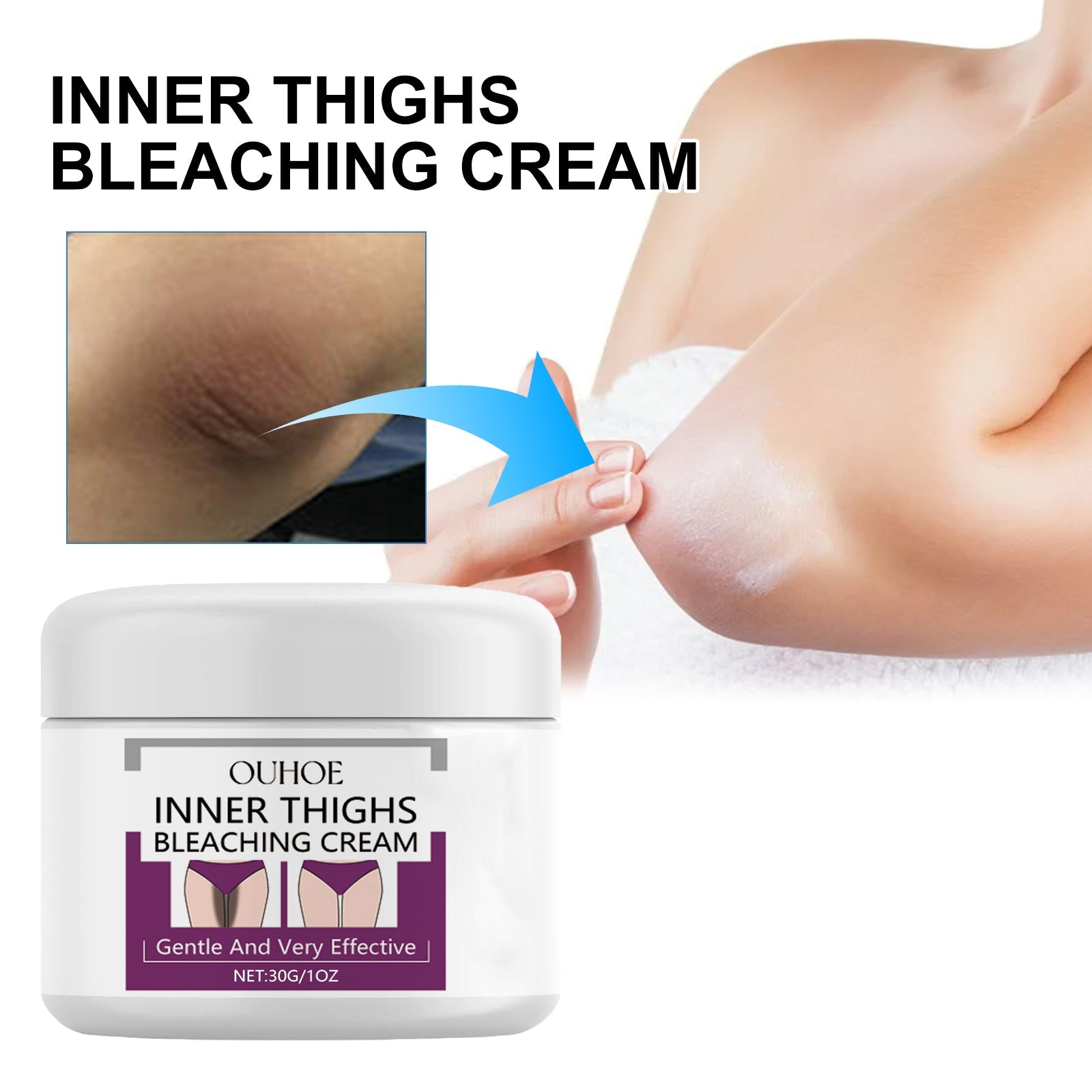 Ouhde inner-thigh brightening cream jar with cream dabbed on skin