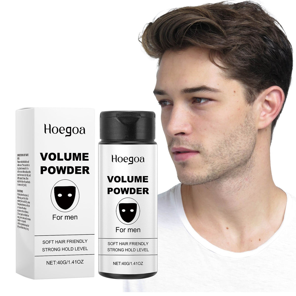 Volumizing styling powder bottle with black cap and white box, Hoegoa branding