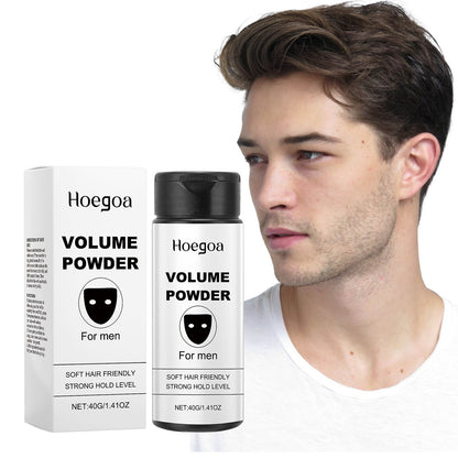 Volumizing styling powder bottle with black cap and white box, Hoegoa branding